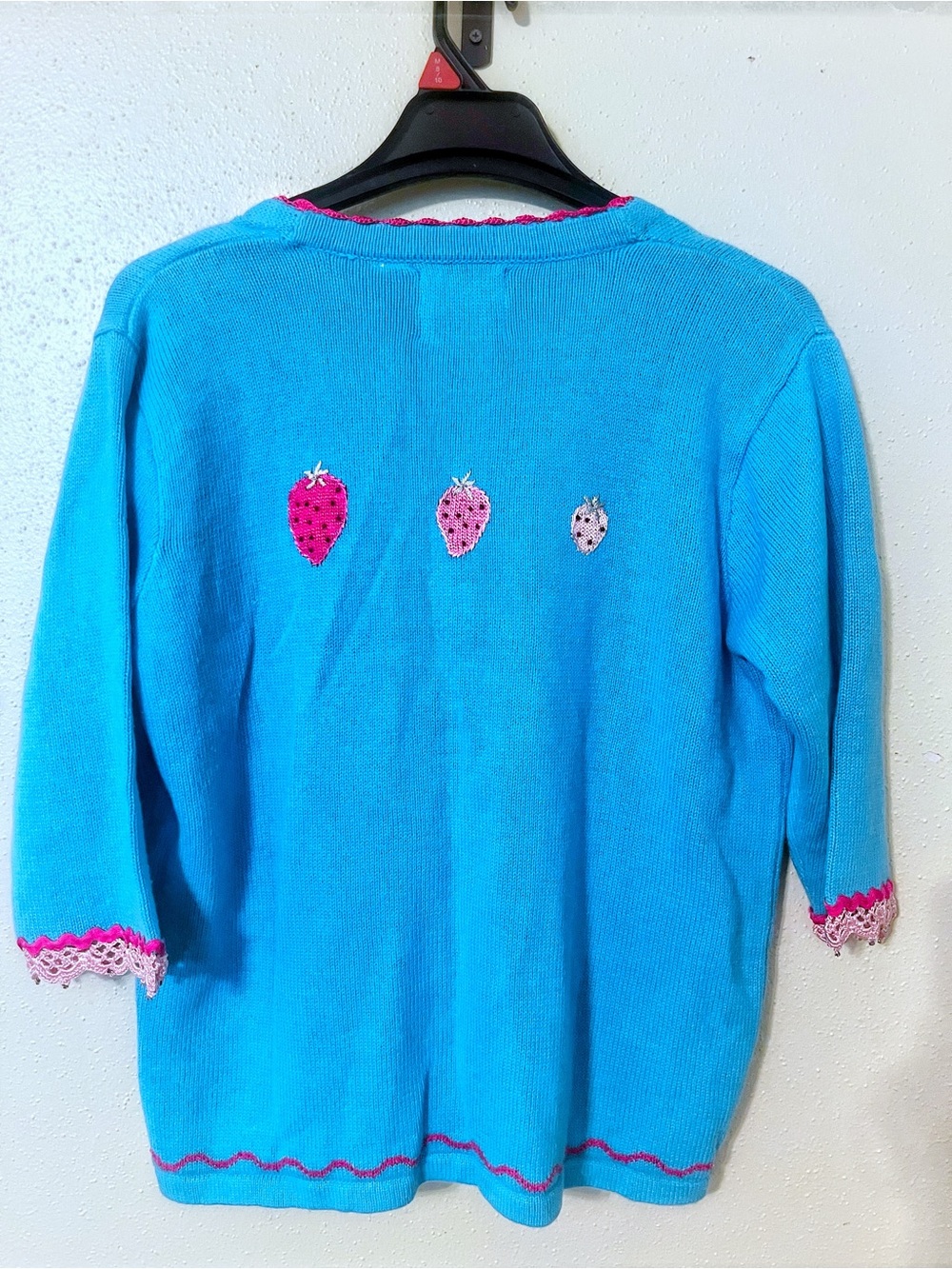 Storybook Knits NWT VINTAGE STRAWBERRY Cardigan Blue Crochet Trim Sweater - Picture 6 of 13